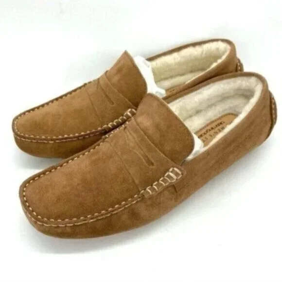 Mens Shearling Moc Toe Loafer Slippers Tan Suede Size 8 New